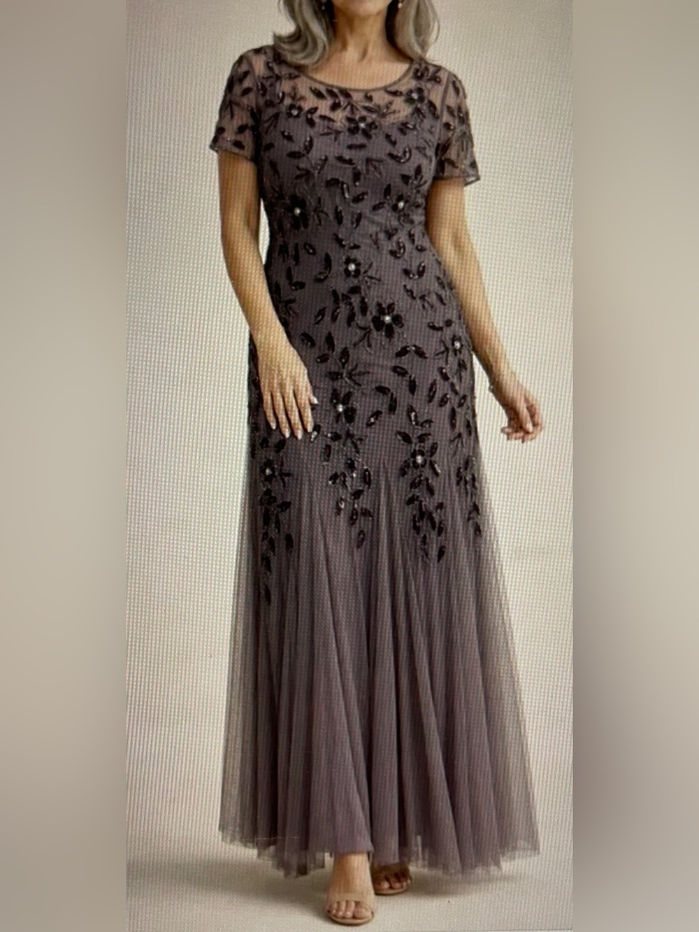 Adrianna Papell Dusty Mauve Beaded Tulle Maxi Dress
